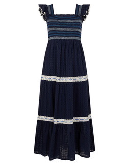 Smocked Lace Midi Dress Blue